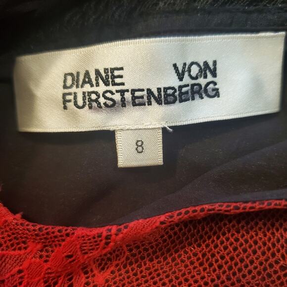 EUC DVF Beaded & Lace Black Red Midi Dress Sz 8 - Picture 6 of 8